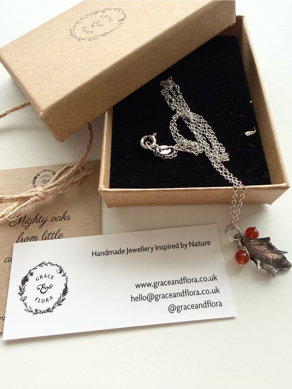 Sterling Silver Holly Leaf Pendant Necklace with Red Carnelian Beads